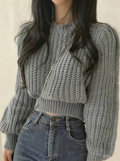 Women's Chunky-Knit Cropped Crew-Neck Long-Sleeve Sweater