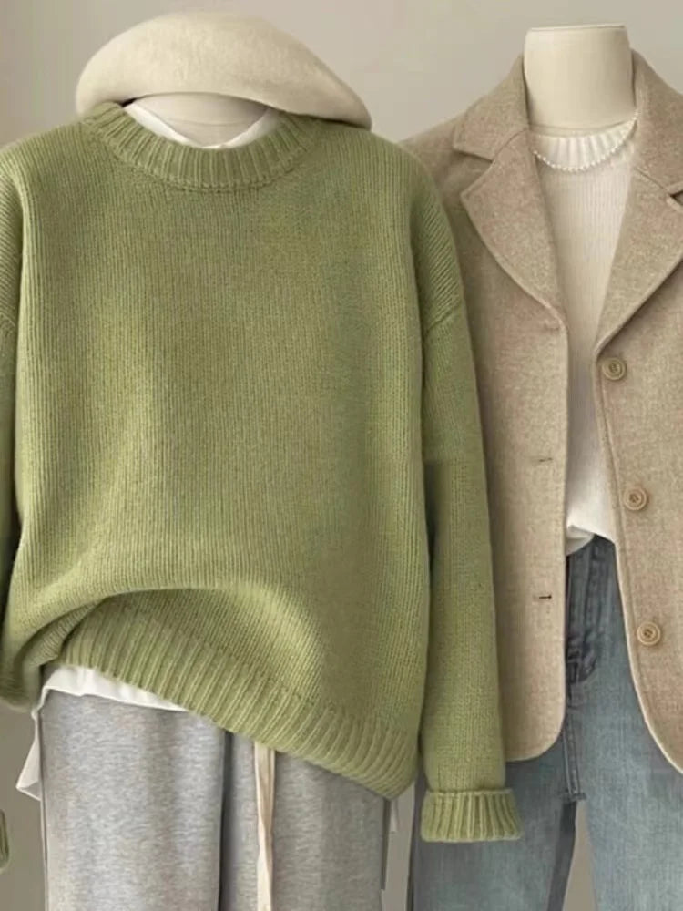 Ribbed crew-neck knit sweater, loose fit, multicolored