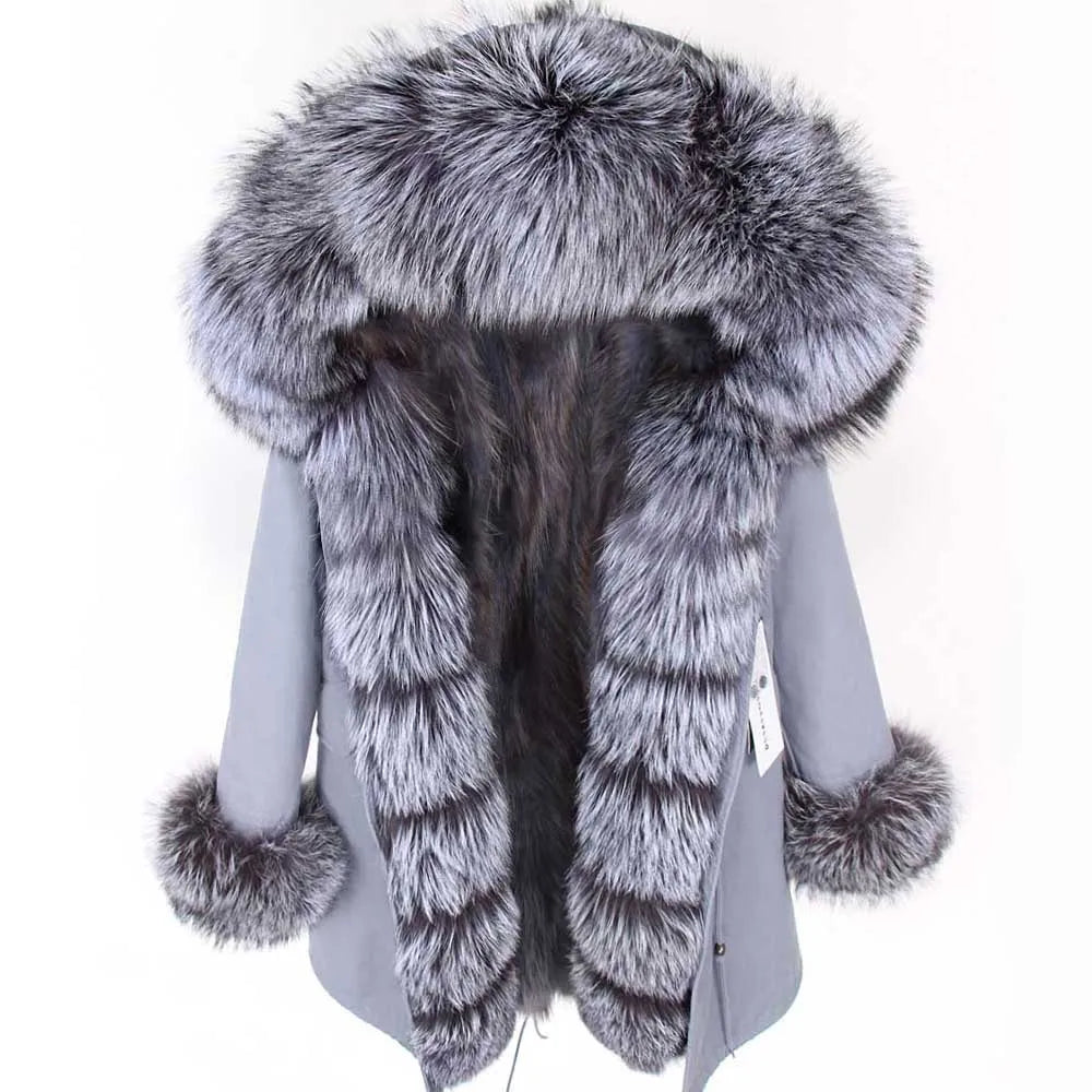 Women's winter parka with pink faux fur lining & hood