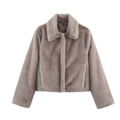 Short women's faux fur jacket with collar, brown faux fur jacket