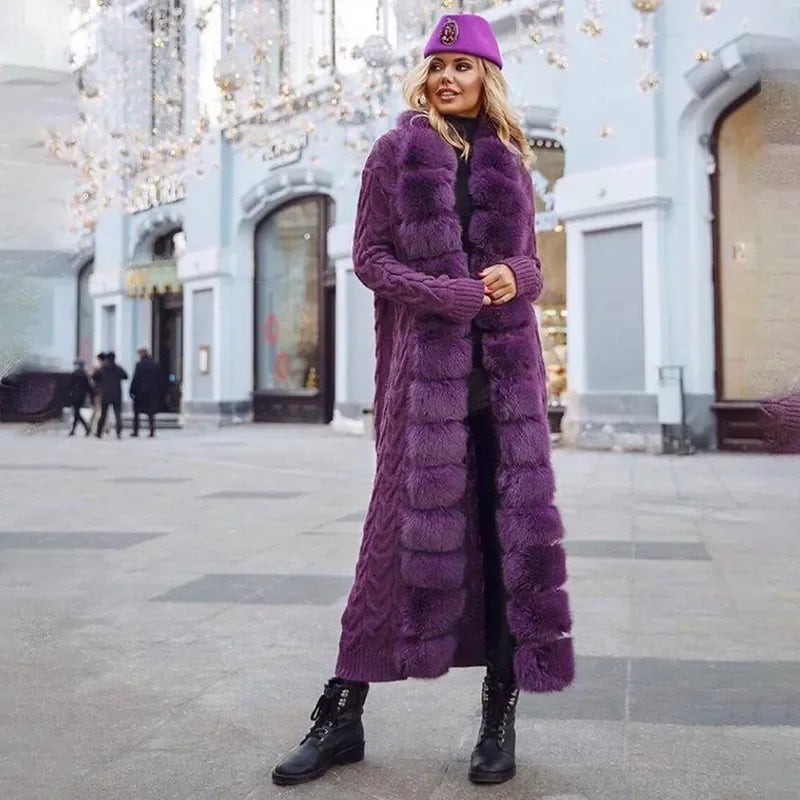 Long Knit Cardigan with Faux Fur Trim and Cable-Knit Pattern in Purple