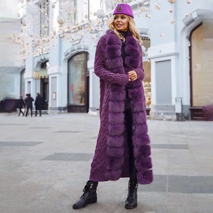 Long Knit Cardigan with Faux Fur Trim and Cable-Knit Pattern in Purple