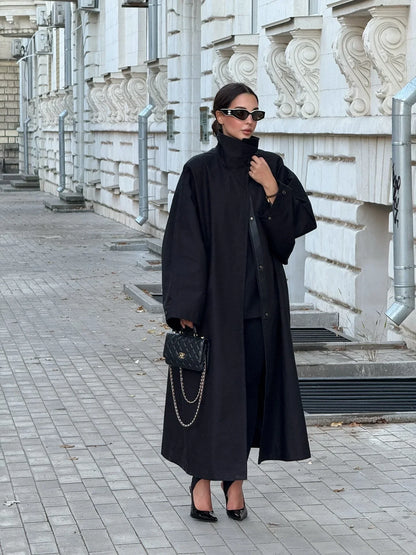 Damen Langer Trenchcoat Oversize mit hohem Kragen Schwarz