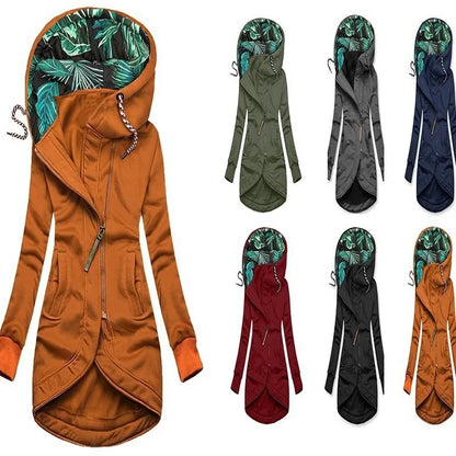 Women's hoodie jacket with leaf-print lining, asymmetrical zipper & drawstring