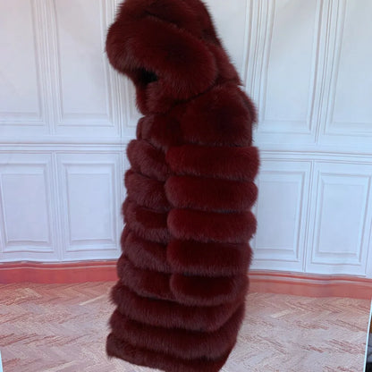 Women's winter faux fur coat with hood, long sleeves, warm jacket, striped