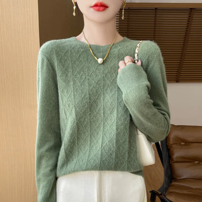 Women's crew-neck knitted sweater with diamond pattern long sleeves