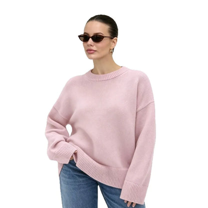 Women's Oversized Crewneck Sweater with Ribbed Cuffs, Loose-Fit Knit