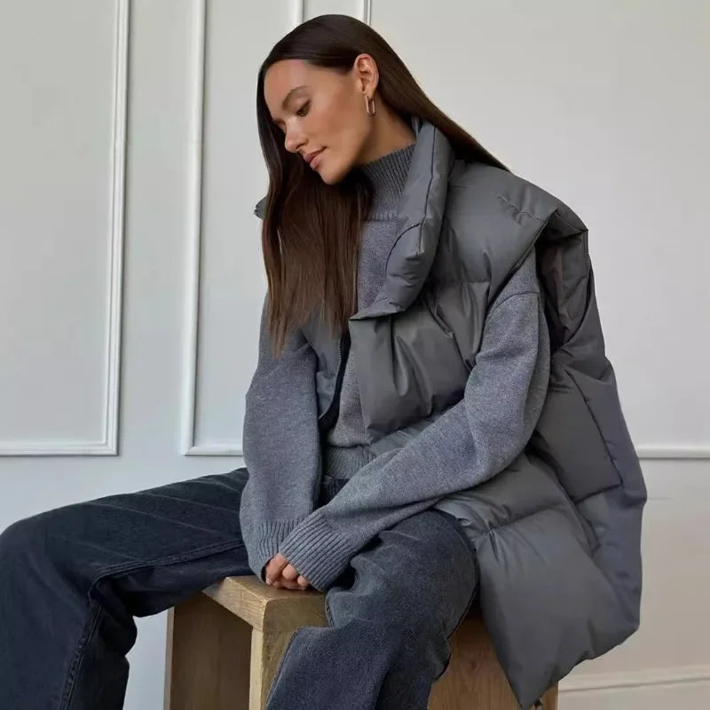 Women's Puffer Vest Stand-Up Collar Gray Black Apricot