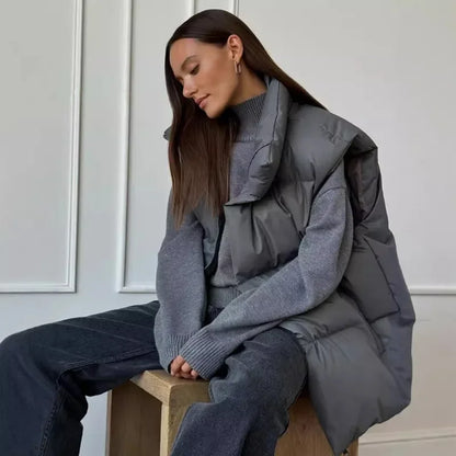 Women's Puffer Vest Stand-Up Collar Gray Black Apricot