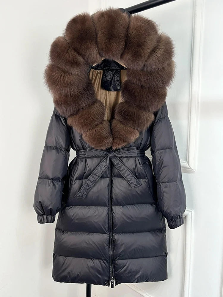 Women's black down coat with fur hood, long winter coat, belt, warm jacket