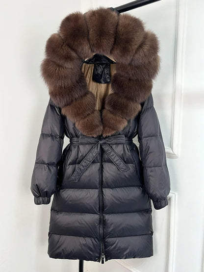 Women's black down coat with fur hood, long winter coat, belt, warm jacket