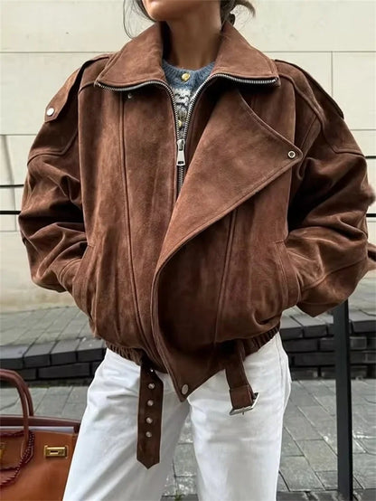 Women's suede-look biker jacket asymmetric zipper