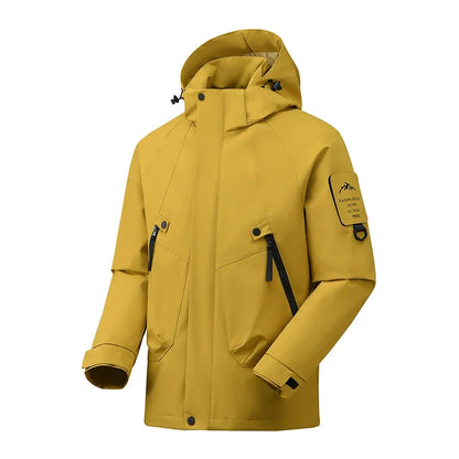 Unisex outdoor jacket with hood and zippered pockets, windproof and water-repellent