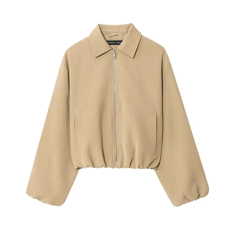 Short women's bomber jacket with collar, zipper, and long sleeves
