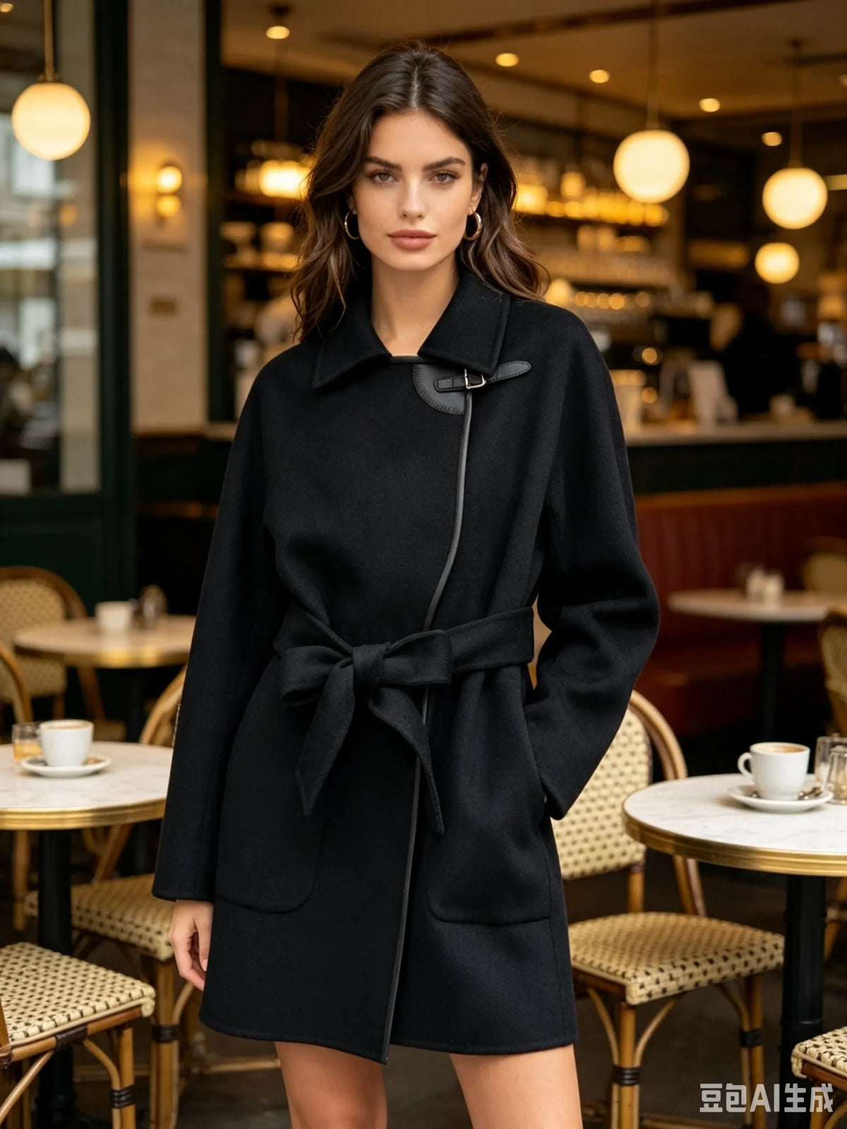 Short women's wrap coat with belt and buckle, black