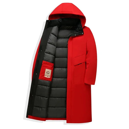 Long men's winter parka coat - Red with hood
