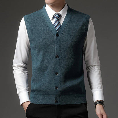 Men's knitted vest V-neck button placket rib knit