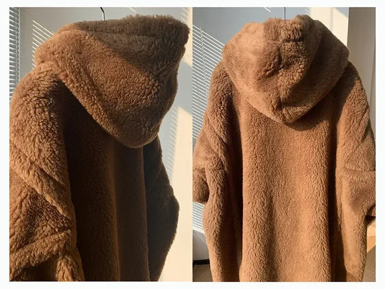 Langer Teddy-Mantel mit Kapuze für Damen, flauschig braun