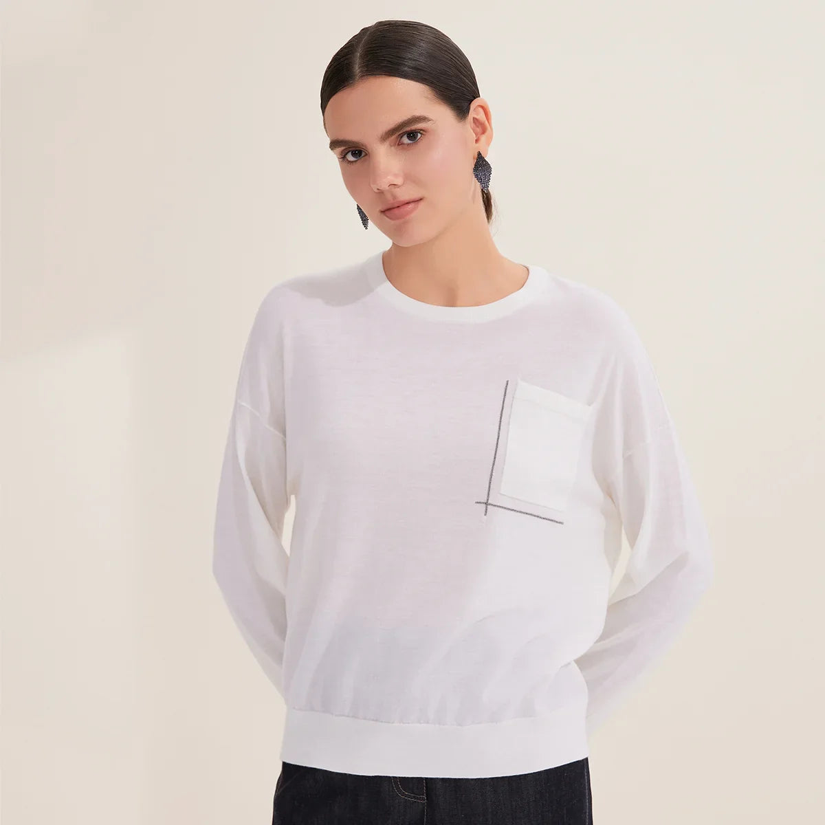 Women's Crew Neck Long-Sleeve Top with Decorative Pocket – White