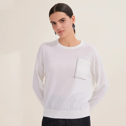 Women's Crew Neck Long-Sleeve Top with Decorative Pocket – White