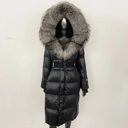 Women's long winter quilted coat with faux-fur hood and belt