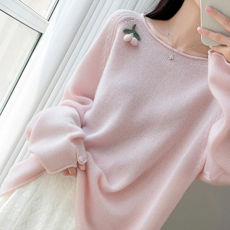 Women's Crew-Neck Long-Sleeve Sweater with Fruit Appliqué and Soft Knit