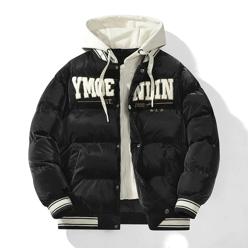 Unisex White Winter Puffer Jacket with Hood and Teddy Appliqué