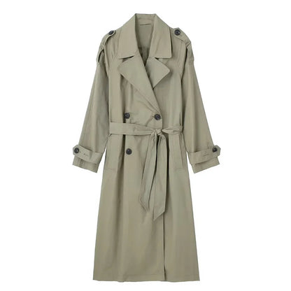 Damen Trenchcoat Lang mit Gürtel Zweireihig Klassischer Übergangsmantel Beige Grün