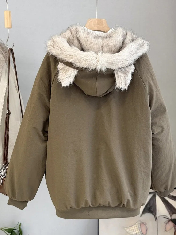 Damen Bomberjacke mit Kapuze Pelzimitat Futter Reißverschluss khaki