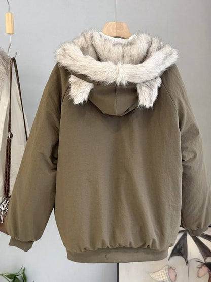 Damen Bomberjacke mit Kapuze Pelzimitat Futter Reißverschluss khaki