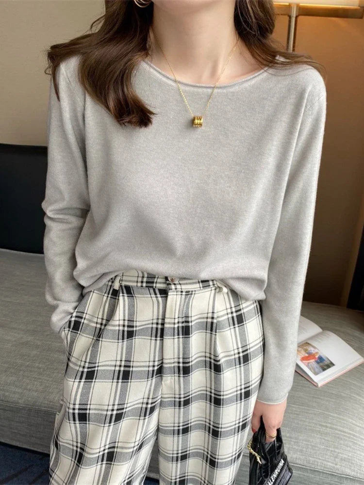 Damen Langarm Oberteil Rundhals Pullover Mehrfarbig