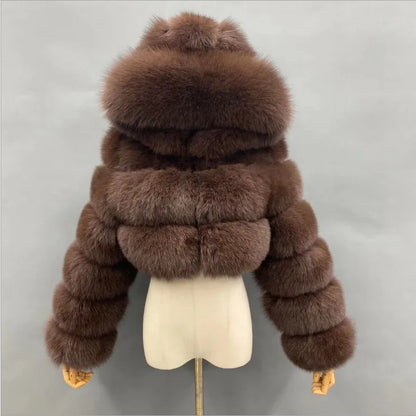 Damen Kurz Kunstfell Jacke mit Kapuze und langen Ärmeln
