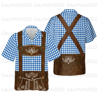 Kurzarm Hemd im Trachten-Design mit Lederhosen-Motiv und Bierkrügen