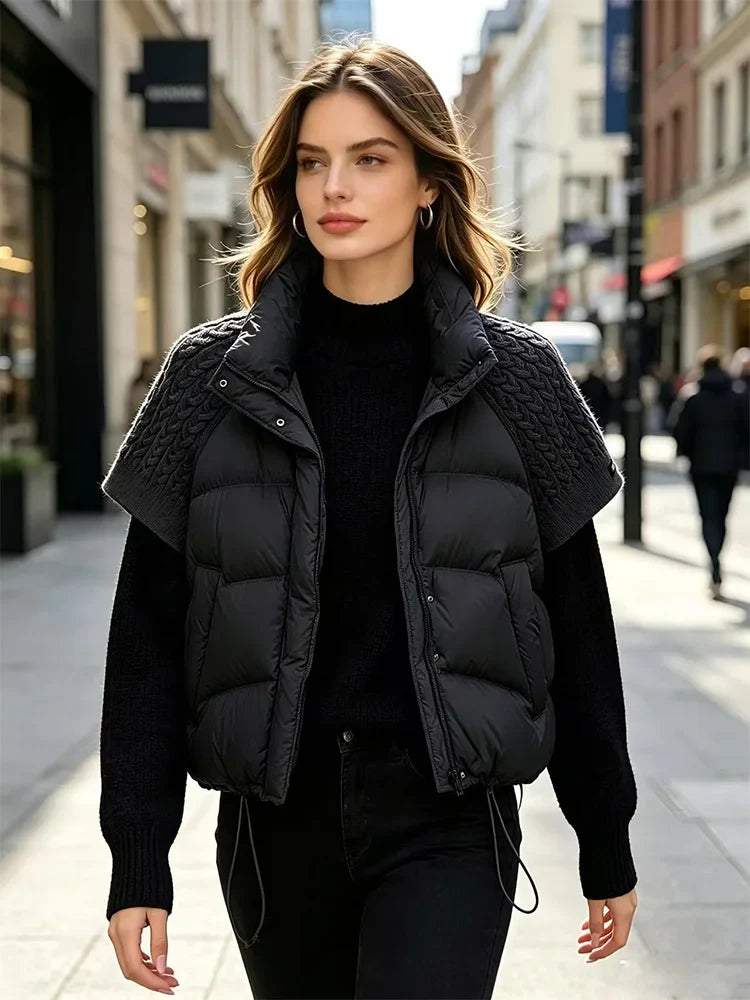 Women's Short-Sleeve Quilted Vest with Knitted Sleeves Black