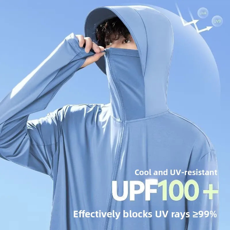 UV-protection jacket with hood and face mask, zipper, for men