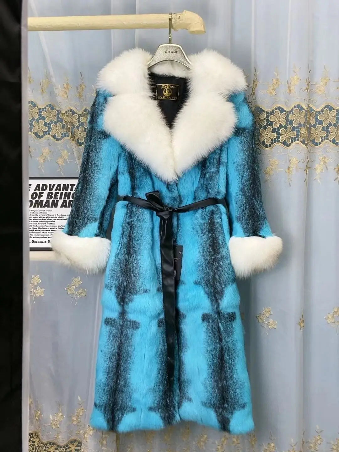 Faux Fur-Effect Winter Coat with Wide Collar and Belt