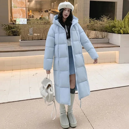 Long quilted coat with hood for women, winter