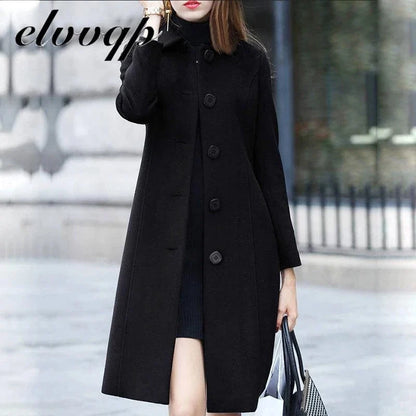 Women's long winter coat, elegant button placket, solid color collar