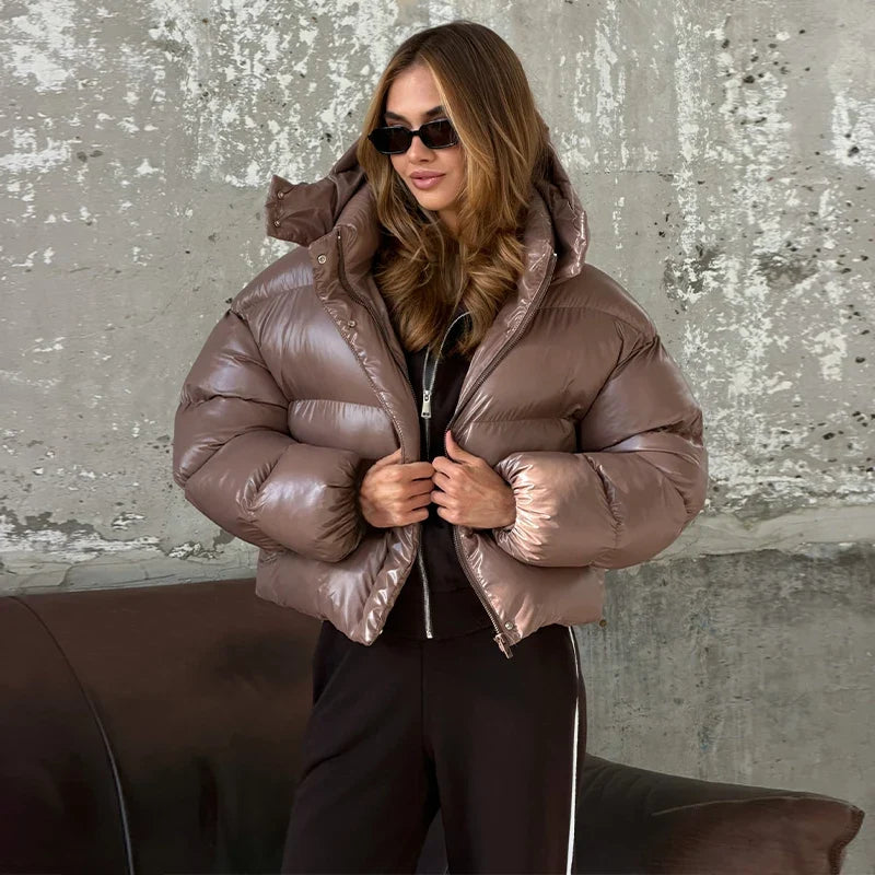 Damen Steppjacke Glänzend Kurz mit Kapuze
