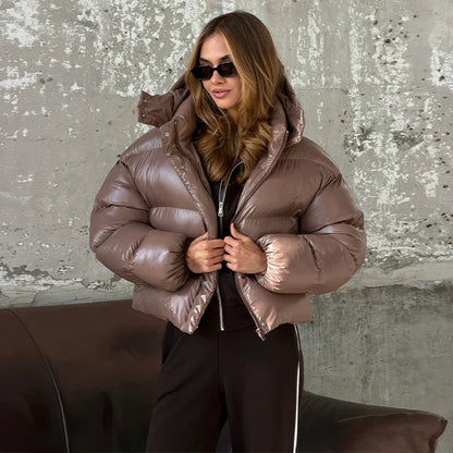 Damen Steppjacke Glänzend Kurz mit Kapuze