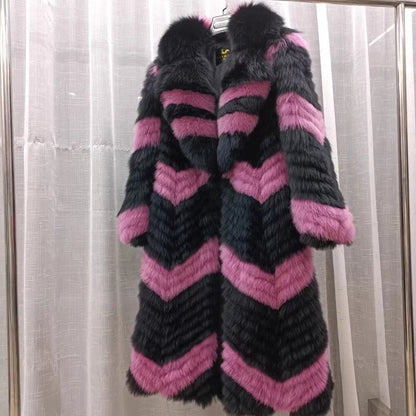Long women's faux-fur coat with chevron pattern, warm winter coat