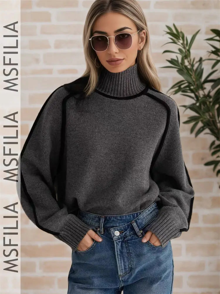 Damen Rollkragen Pullover Strickwaren mit Kontrastnähten Langarm