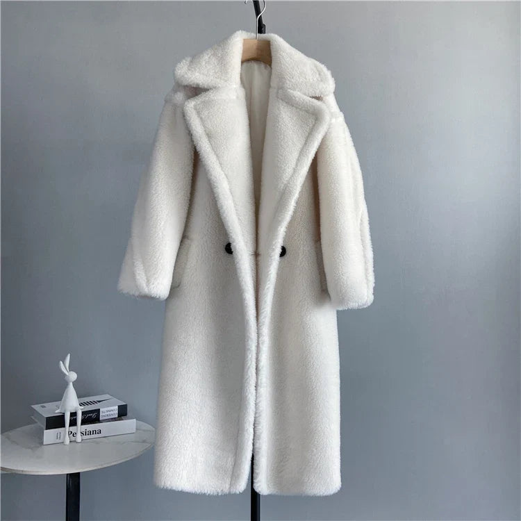 Damen Teddyfell-Mantel Lang Zweireihig Beige Winter