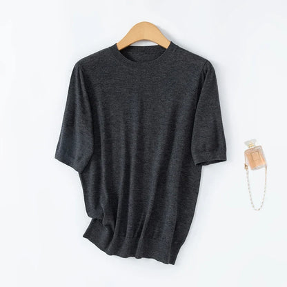 Women's short-sleeve knitted sweater, crew neck, soft sweater top