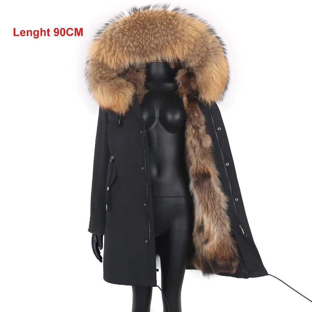 Long winter parka coat with hood and fur trim for women