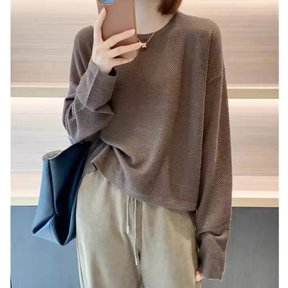 Women's Long-Sleeved Textured Crew-Neck Top, Comfortable Casual Shirt