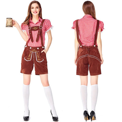 Women's Oktoberfest costume set: dirndl, lederhosen shorts, and checked shirt