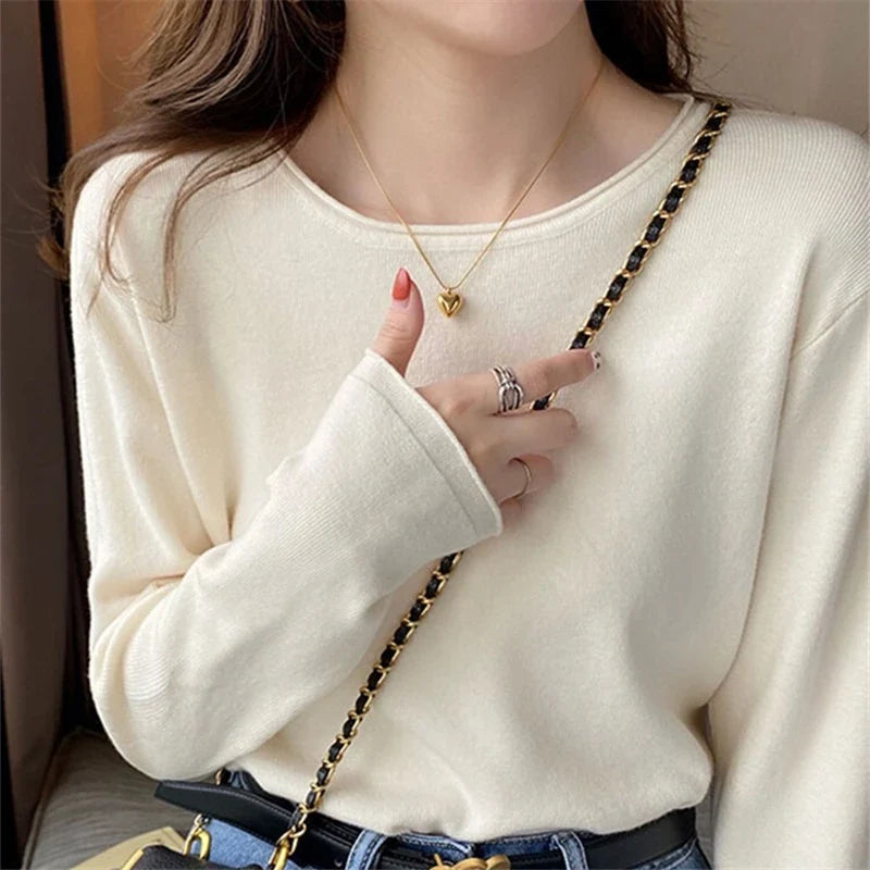 Damen Langarm Oberteil Rundhals Pullover Mehrfarbig