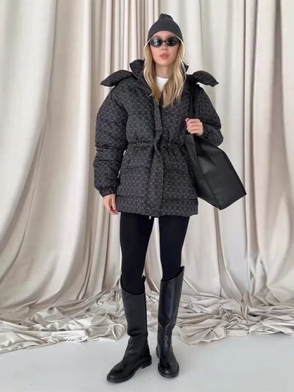 Women's down jacket, winter jacket, puffer jacket with hood, stand-up collar, and adjustable waist