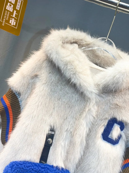 Unisex faux-fur hooded jacket with appliqué and removable pocket, cream & blue